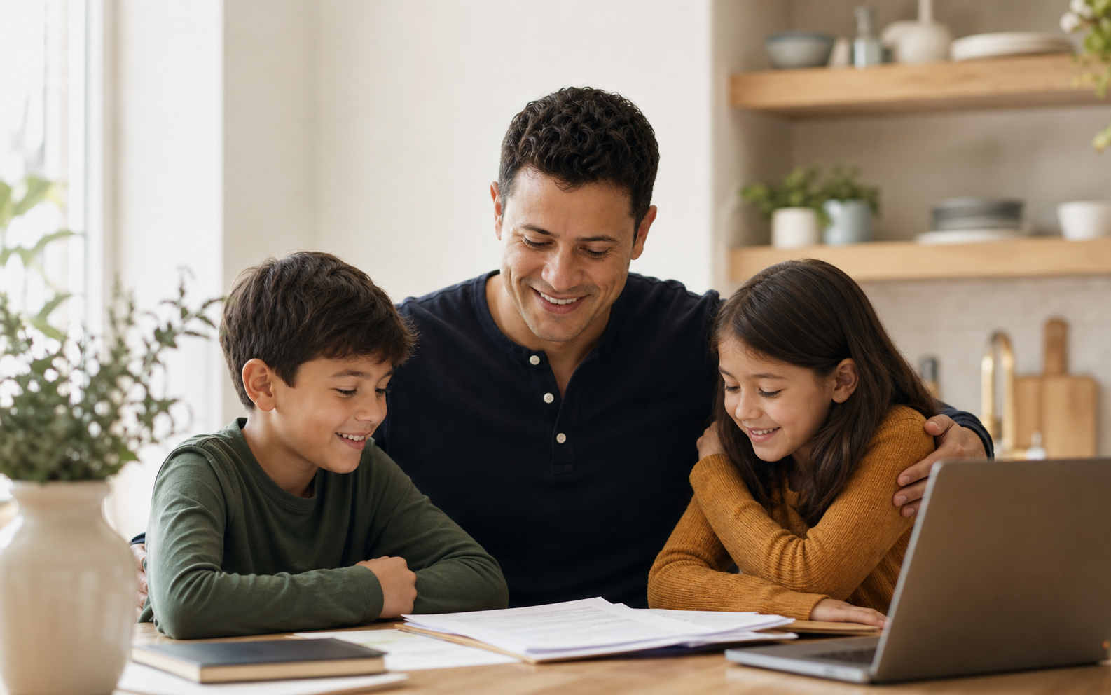 A calm family organizing papers together at home